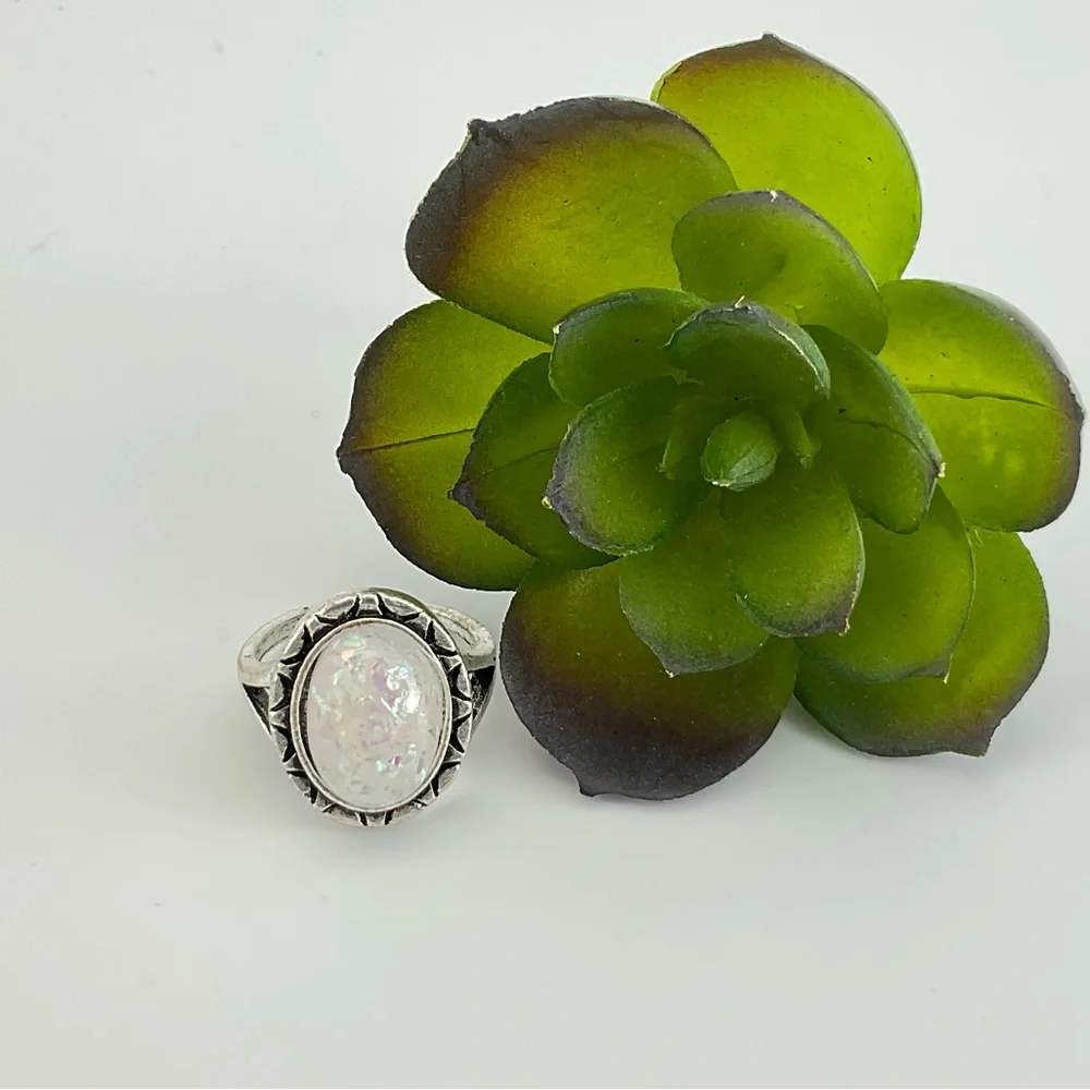 Faux Opal Ring, Size 6.25, Confetti Resin Opal, Lab Created, BoHo, Antiqued